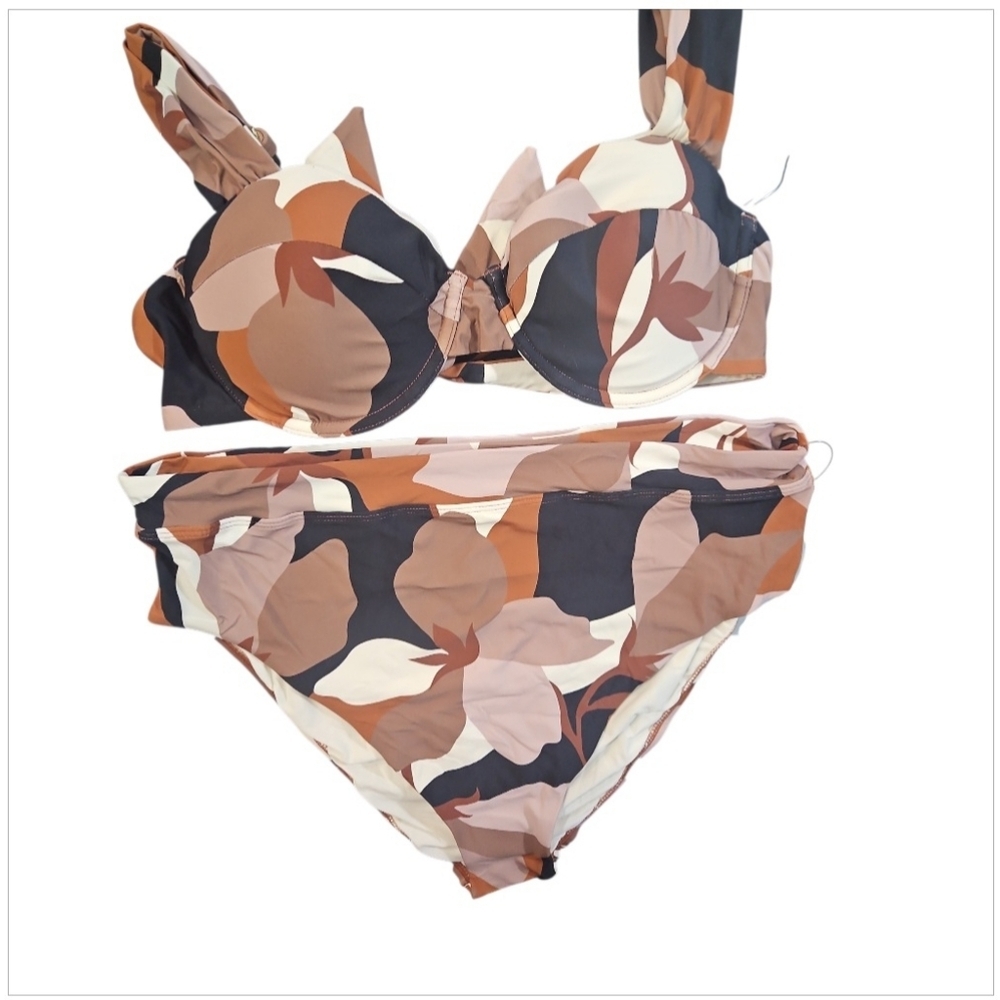 Antonio Melani Brown Floral Bikini Set Padded Bra High Waist Swimsuit Sz XL